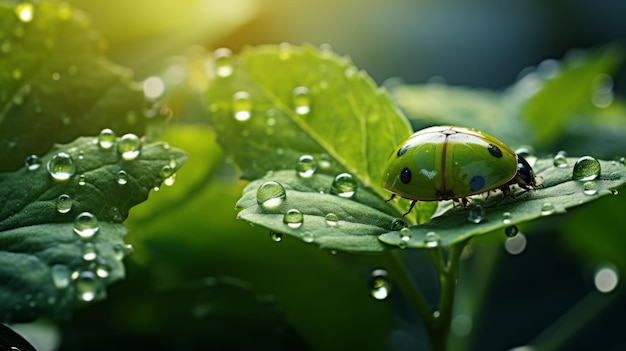 Drops of Morning Dew and Ladybug on Young Juicy Fresh