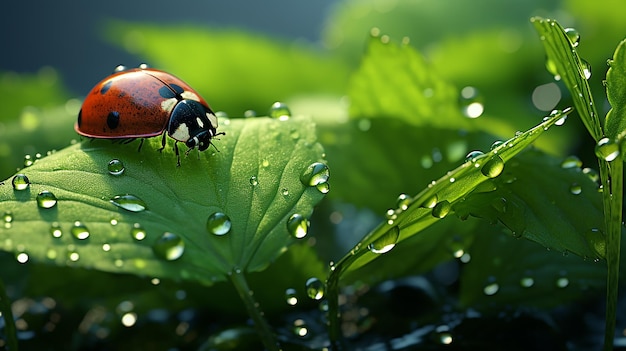 Drops of Morning Dew and Ladybug on Young