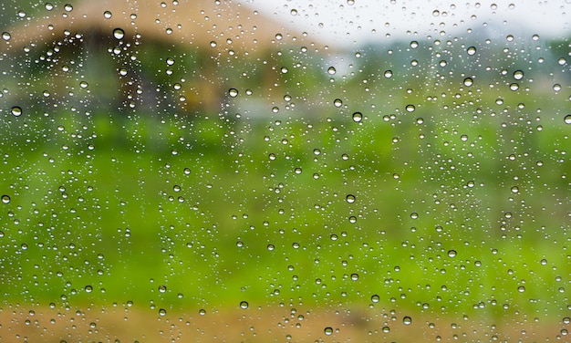 Drops of rain on the glass surface.