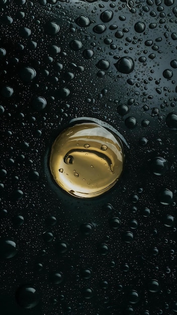 Photo drops of water on a black surface the condensate top view free space