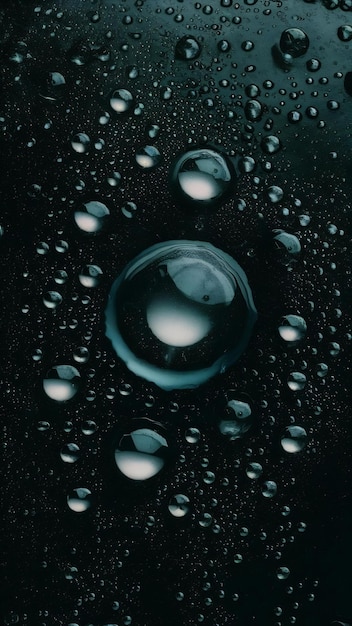 Photo drops of water on a black surface the condensate top view free space