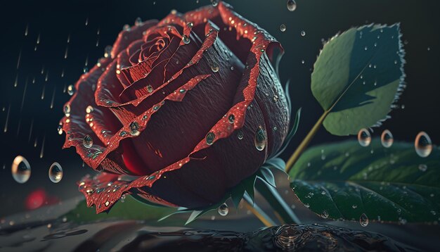 Drops of water drip on a rose Generative AI