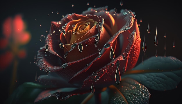 Drops of water drip on a rose Generative AI