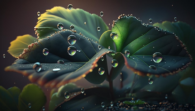 Drops of water drip on the seedlings Generative AI