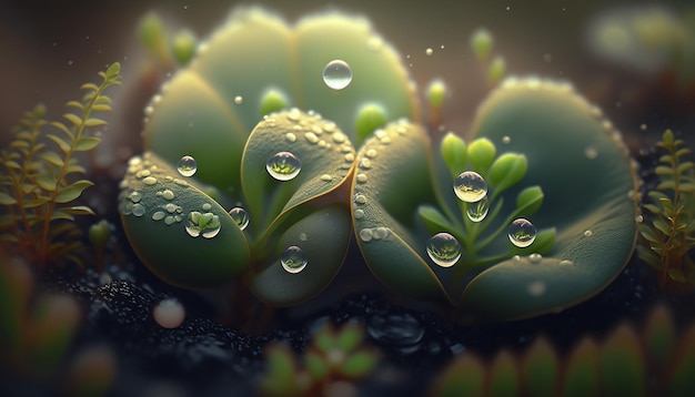 Drops of water drip on the seedlings Generative AI