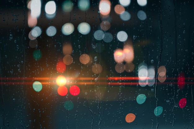 drops on the window with street lights background at night