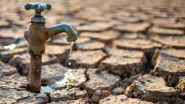 Drought concept image with a tap with a little water and cracked land