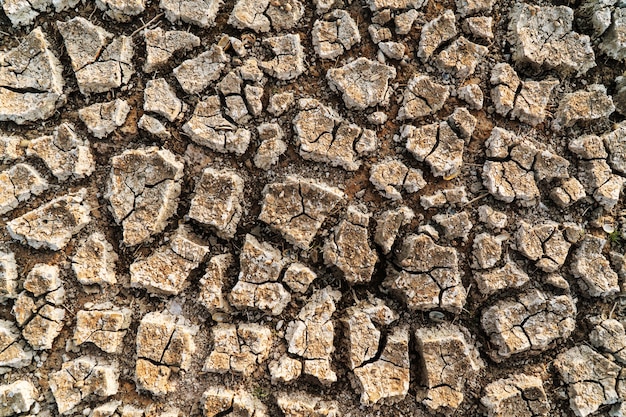 Drought cracked ground earth on top view. Crack soil surface texture. Background on hot arid climate weather. brown broken ground. Global warming and environmental crisis.