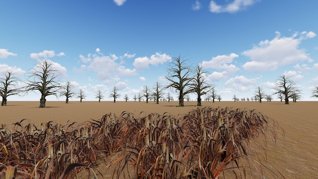 Drought dry trees dry grass desert climate 3d render