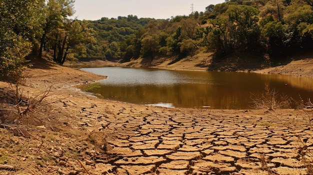 Photo droughtaffected landscape with dried riverbed and sparse vegetation