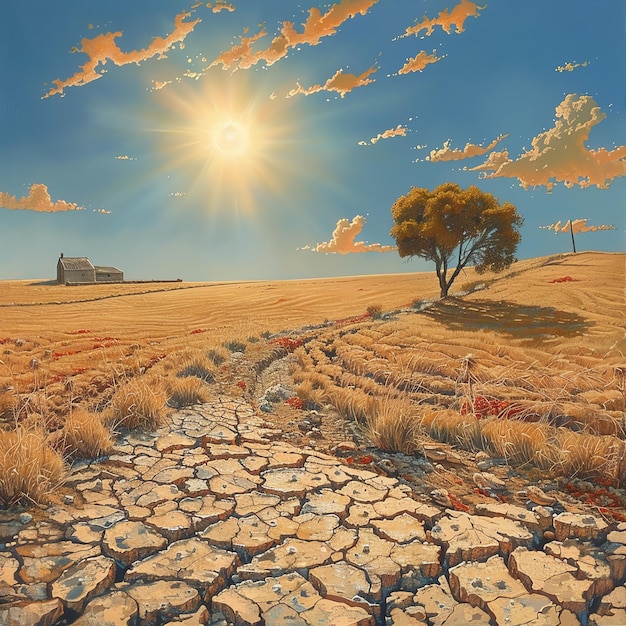 Droughtstricken farm during El Nino dry soil withered crops and a blazing sun