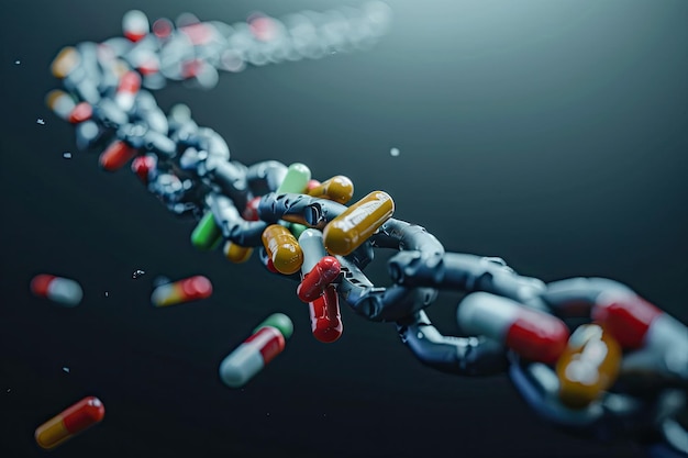 Drug addiction concept Capsules Linked by Chains on a Dark Surface