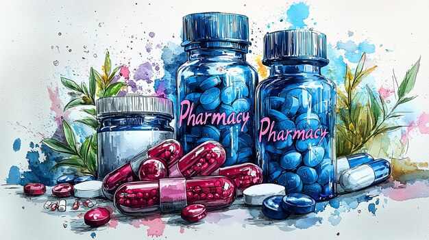 Photo drug storage with colorful pills and bottles in watercolor style