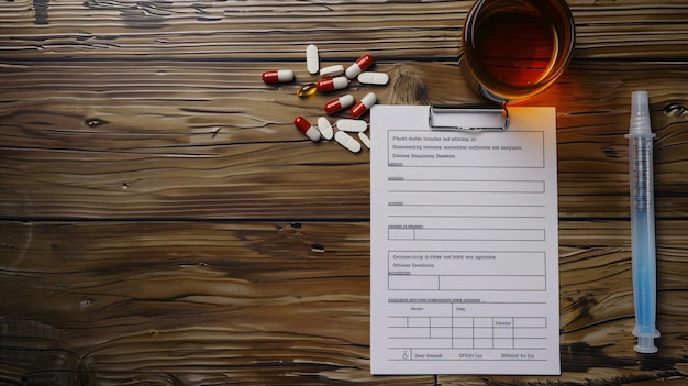 Photo drug test result form with pills and pen on wooden table