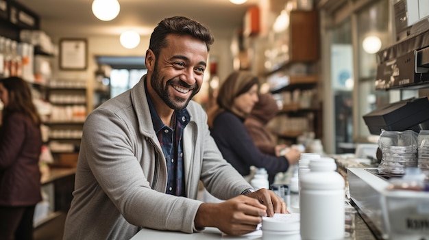 In a drugstore a woman pharmacist sells medications to a variety of consumers