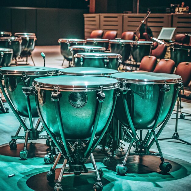 Photo a drum set is shown with other drums on a stage