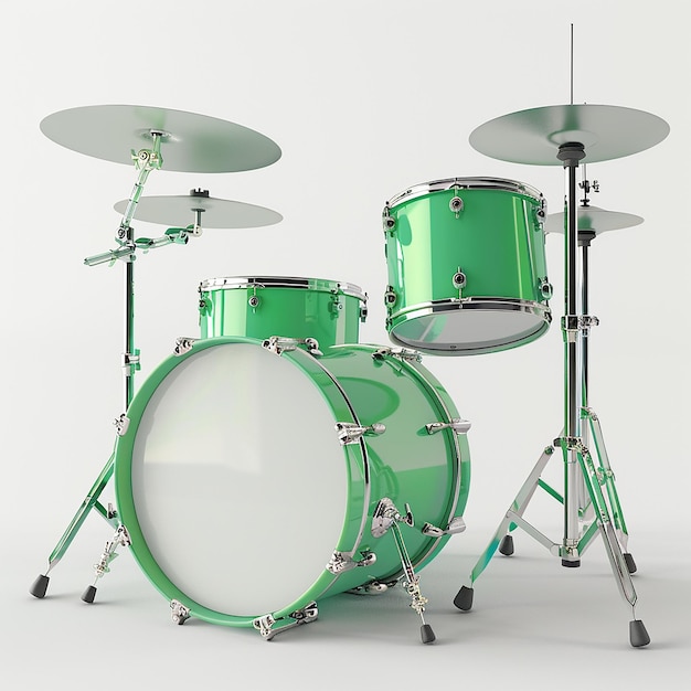 a drum set with a green drum set on it