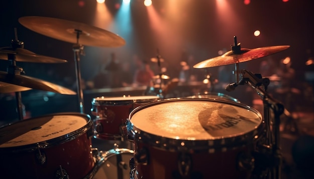 Drummer drum kit illuminated by stage lights generated by AI