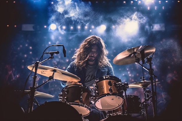 A drummer playing drums in front of a crowd