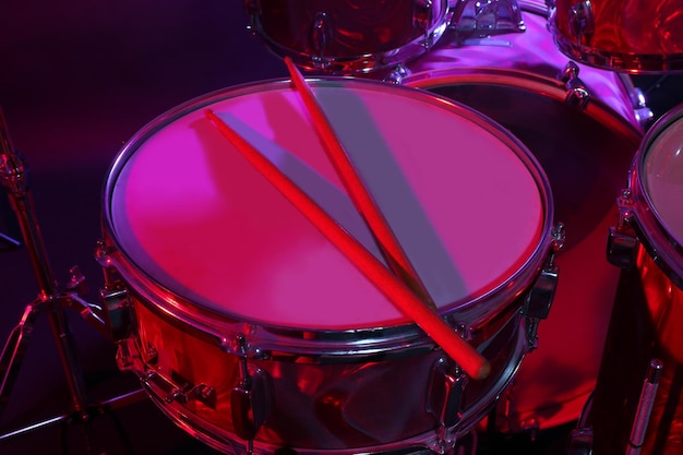 Drums set and sticks closeup