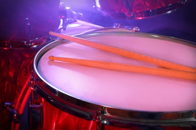 Drums set and sticks closeup