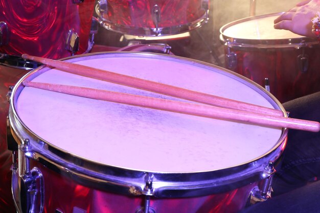 Drums set and sticks closeup