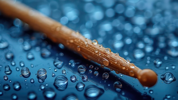 Drumstick on cymbals in water drops blue metal reflection background Generative AI