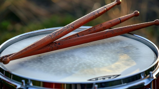 Photo drumsticks resting on a snare drum