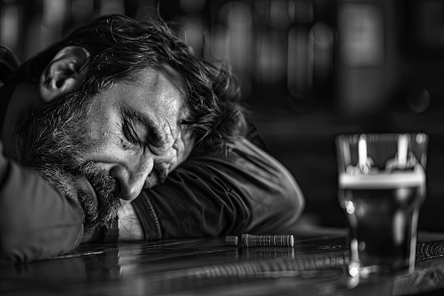 Photo drunken a black and white image of a man asleep at a bar with a glass of beer in front of him