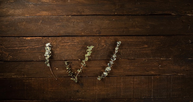 Dry autumn leaves flat lay on dark wooden background with copy space