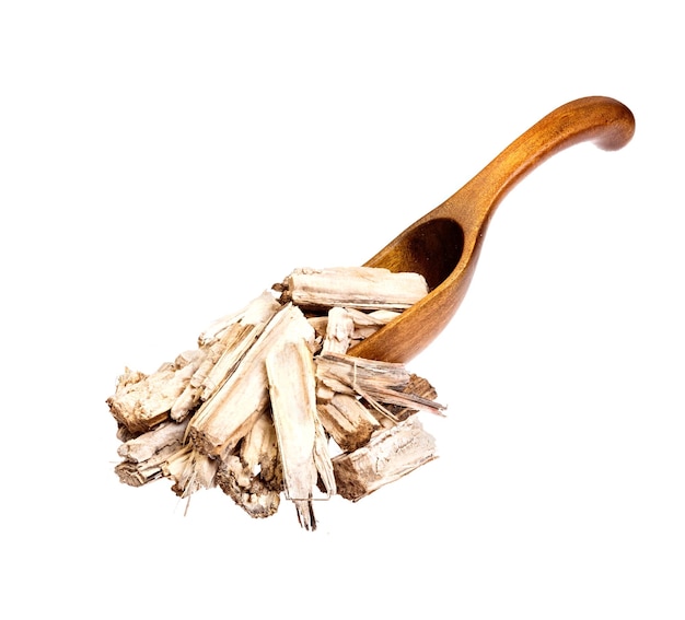 Dry Burdock on the wooden spoon