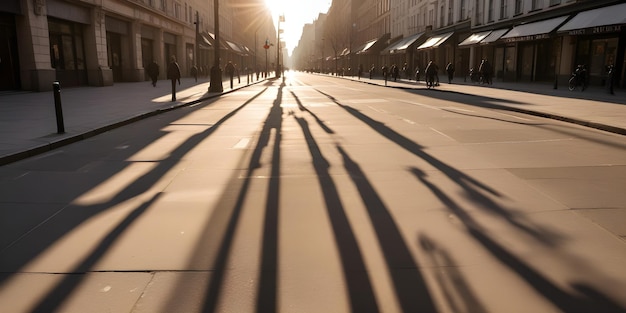 A dry bustling city street at noon with the sun shining creating shadows on the pavement