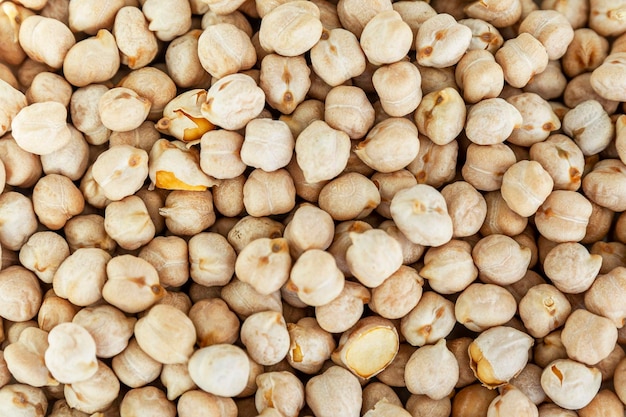 Dry chickpeas Health and natural products Closeup Background Space for text Top view