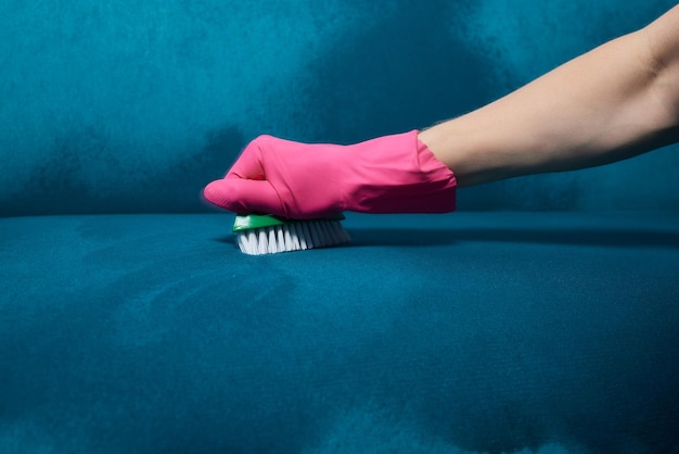 Dry cleaners employee hand in protective gloves removing stain from gray sofa with brush and special