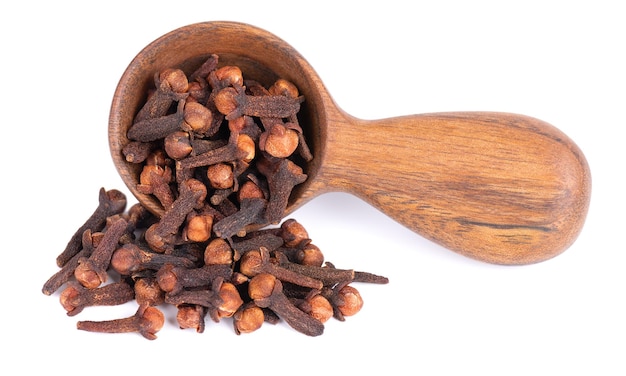 Dry cloves in wooden spoon isolated on white background Cloves spice Spices and herbs