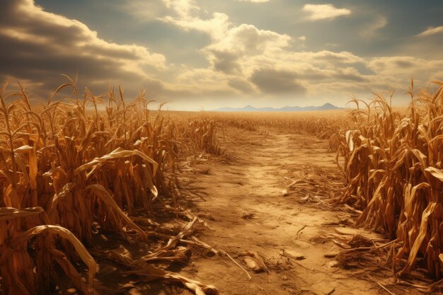 Photo dry corn field at sunset retro vintage style toned picture drought in a cornfield ai generated