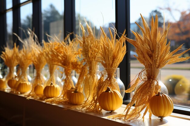 Photo dry cornstalks tied together as decoration