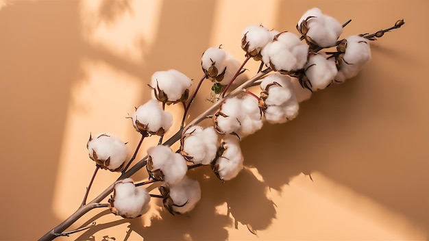 Dry cotton branch with fluffy flowers on beige background flat lay