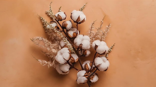 Dry cotton branch with fluffy flowers on beige background flat lay