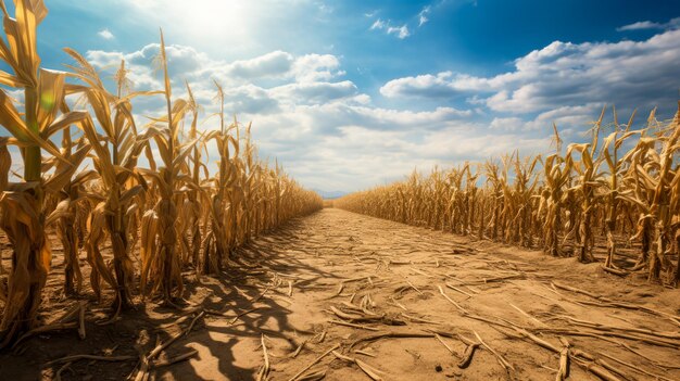 Dry and cracked corn field