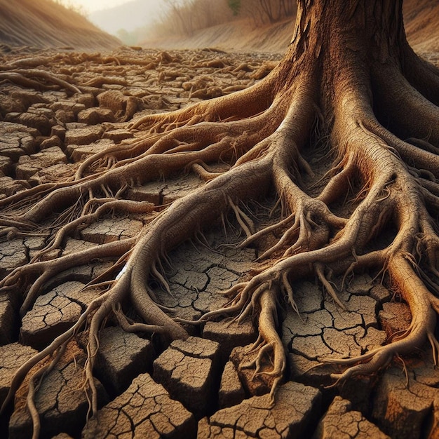 a dry cracked dry soil with a tree growing in the middle