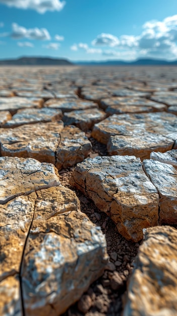 Photo dry cracked earth under bright blue sky at midday