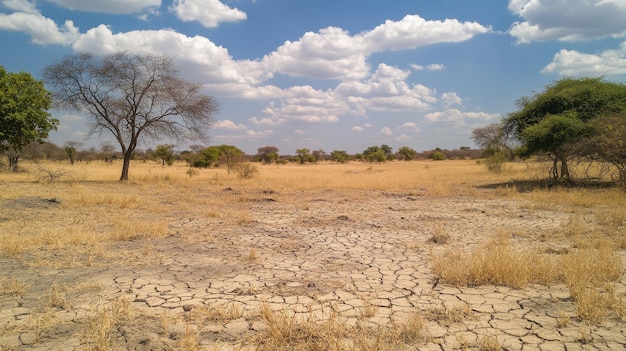 Photo a dry cracked landscape under a blue sky with sparse trees and grass