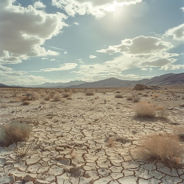 Dry desert landscape with cracked ground sparse vegetation and intense sunlight