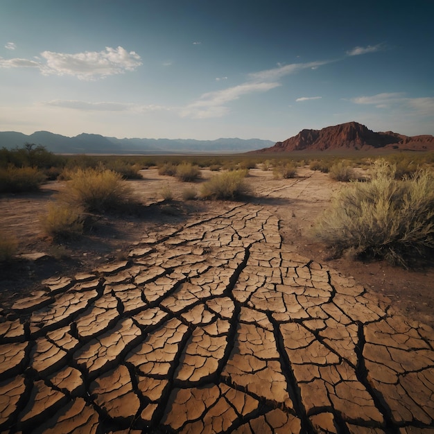 Photo a dry desert with a desert landscape and mountains in the background