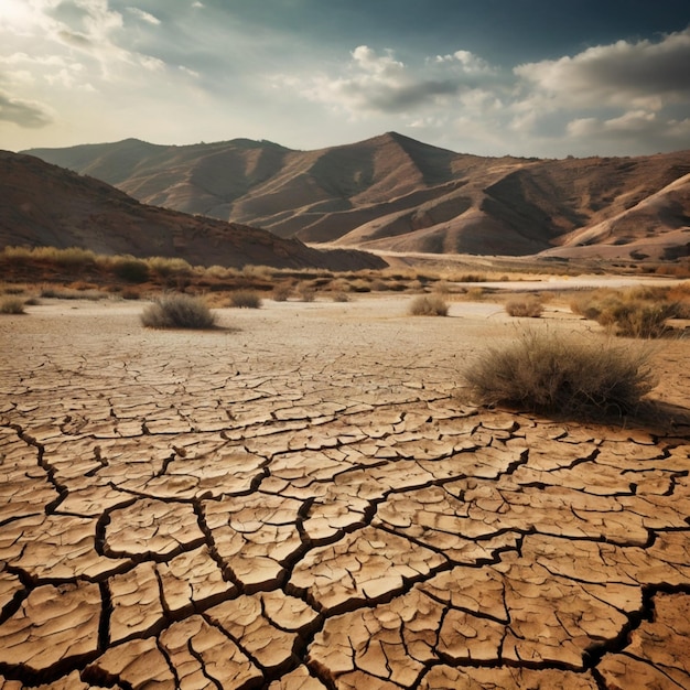 Photo a dry desert with a dry desert landscape and mountains in the background