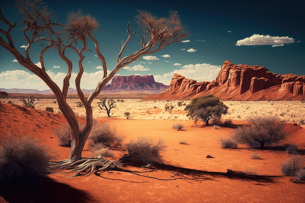 Dry desert with red rock formations and trees in distance created with generative ai