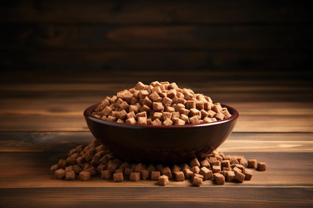 Dry dog food in bowl on wooden background Generative AI illustration