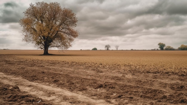 a dry field and a tree in it in cloudy and dry weather