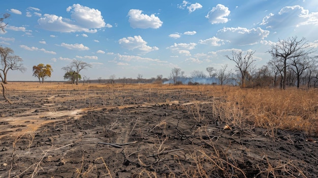 Photo a dry field with a blue sky and clouds in the background